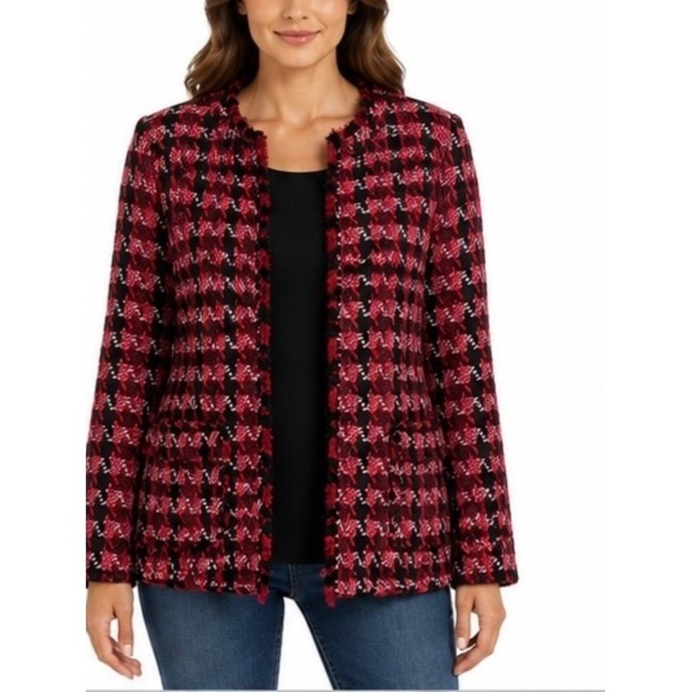 Chico's Classic 8 Red Black Houndstooth Bouclé Jacket Fringe Open Front Blazer